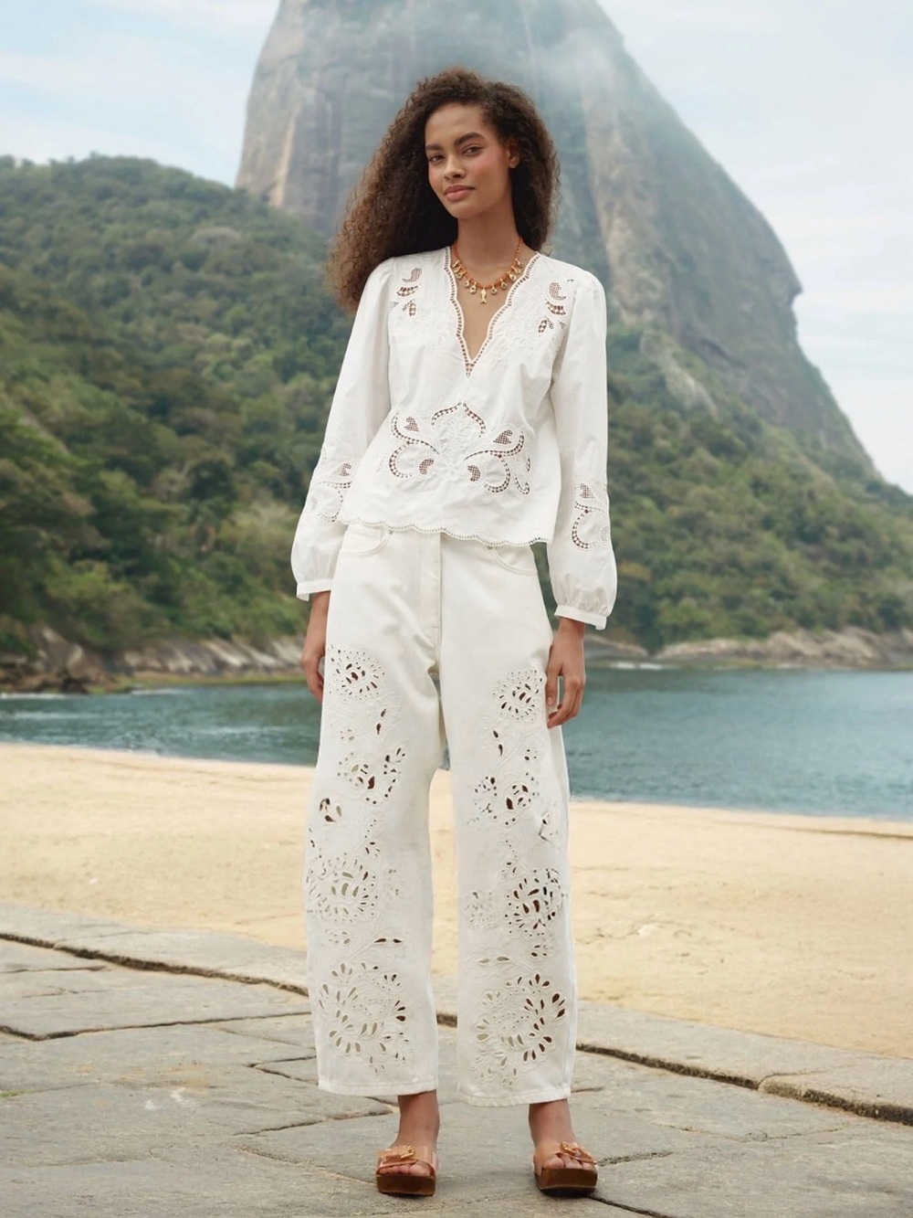FARM Rio White Eyelet Wide-Leg Jeans